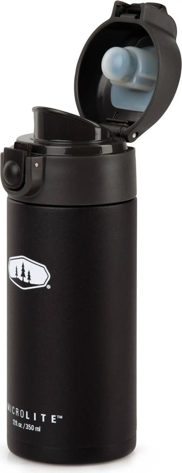 svart termos drikkeflaske med korken åpen