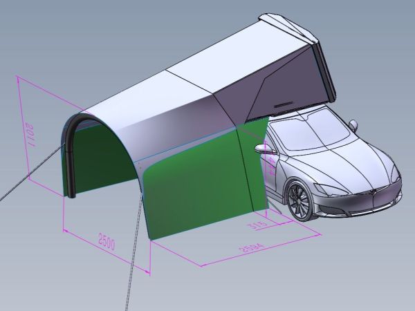 3d tegning av sheltair til taktelt med tesla som eksempel bil