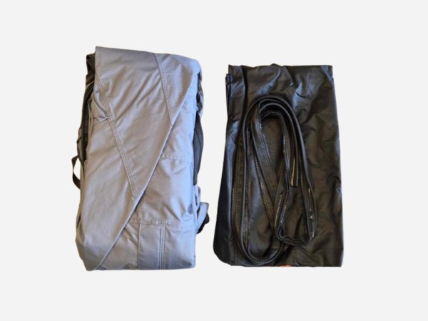 frilagt bilde av grå og svart reserveduk til taktelt fra norse camp