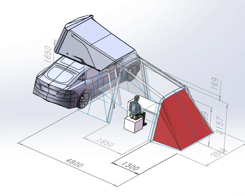 tegning av bil med taktelt og anneks