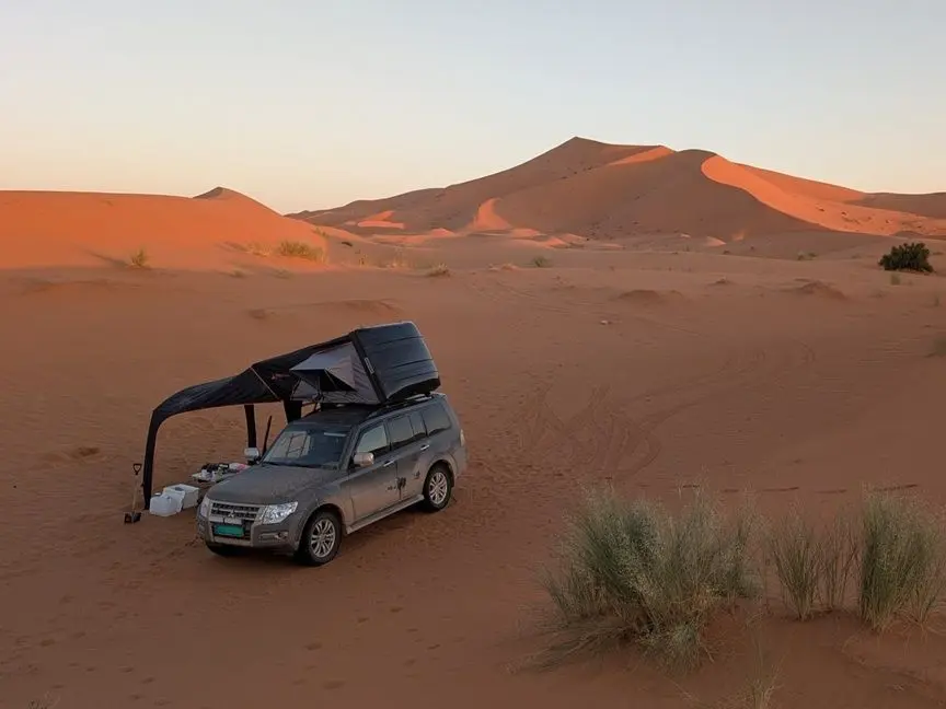 taktelt på suv i ørkenlandskap